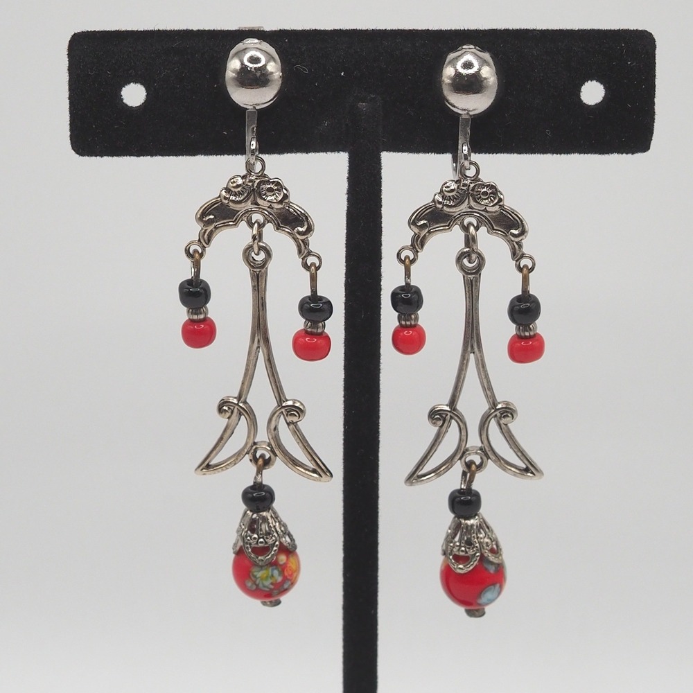 Vintage Clip On Chandelier Earrings Red Black Floral Beaded Filigree Scroll Long